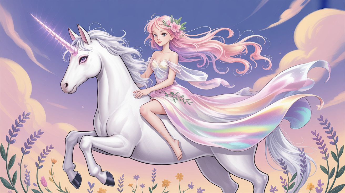 Unicorn with Maiden in Whimsical Fantasy Scene