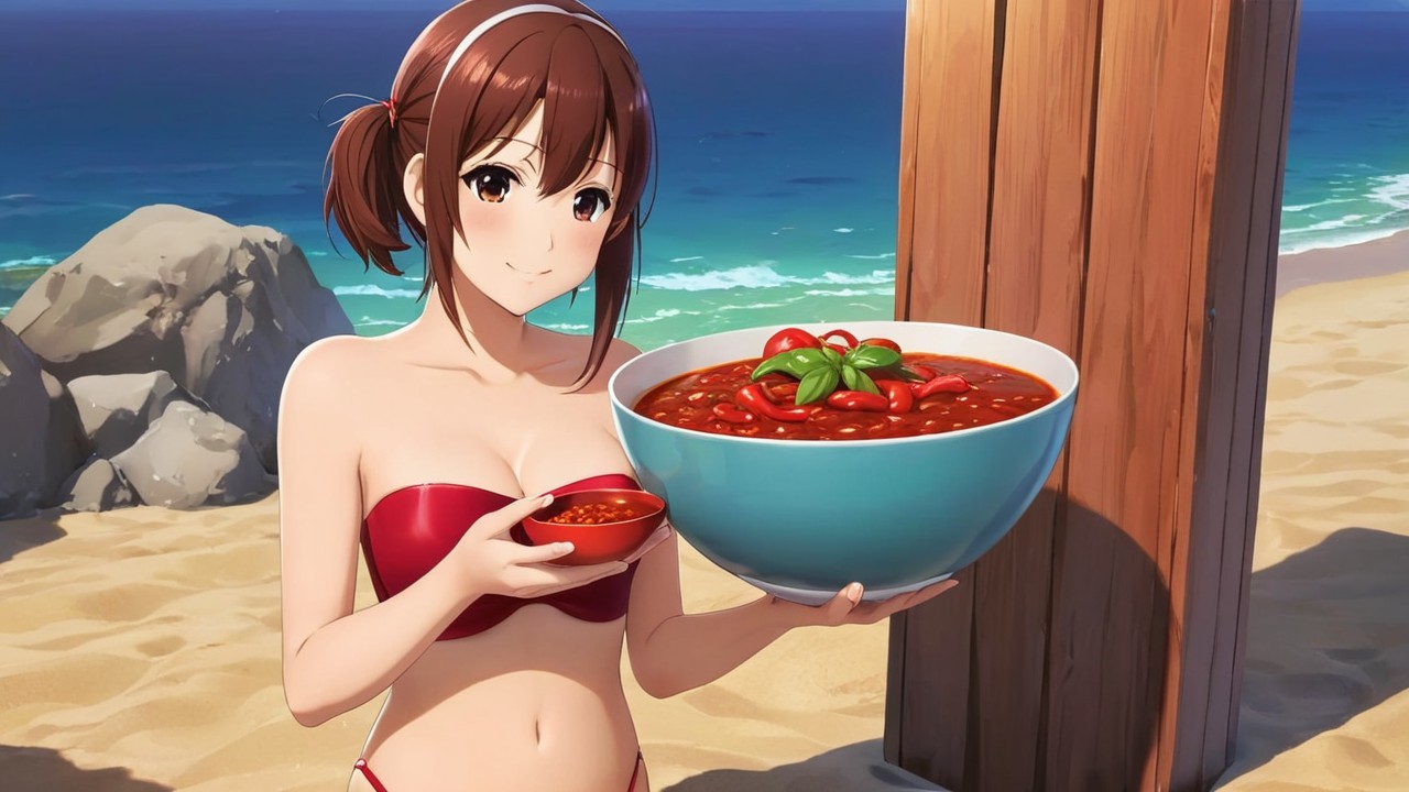 Young Woman with Spicy Sauce on Sunny Beach