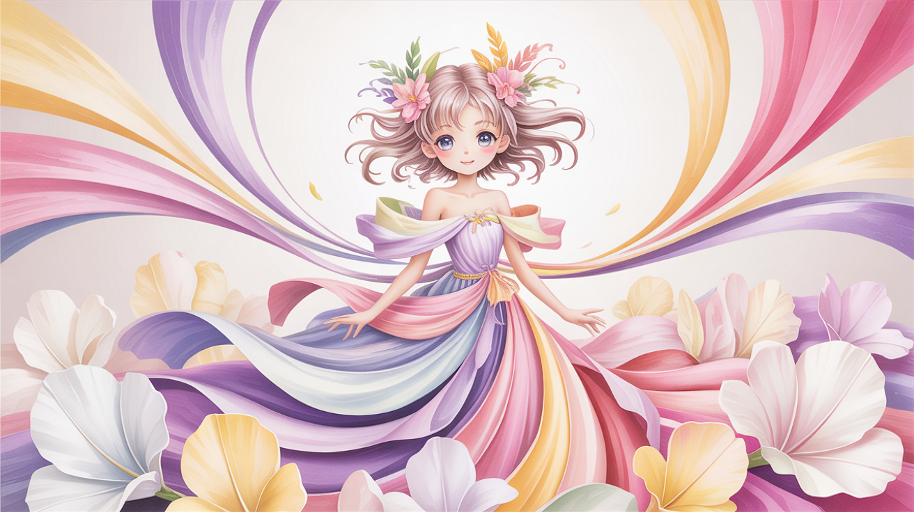 Anime-style digital painting of a woman in pastel dress