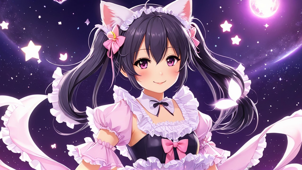 Cute anime girl with black hair and cat ears