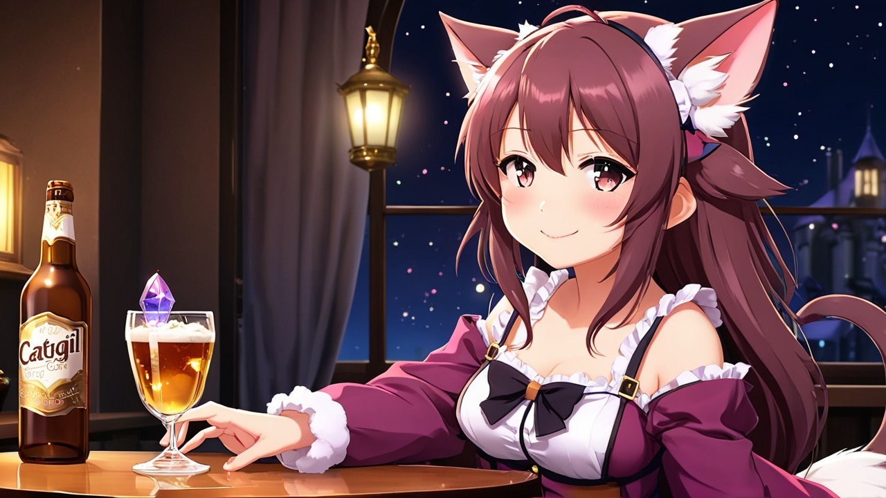 Whimsical Scene of a Young Woman at a Cozy Bar