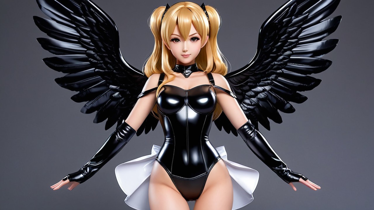 Character with Black Wings in Glossy Bodysuit