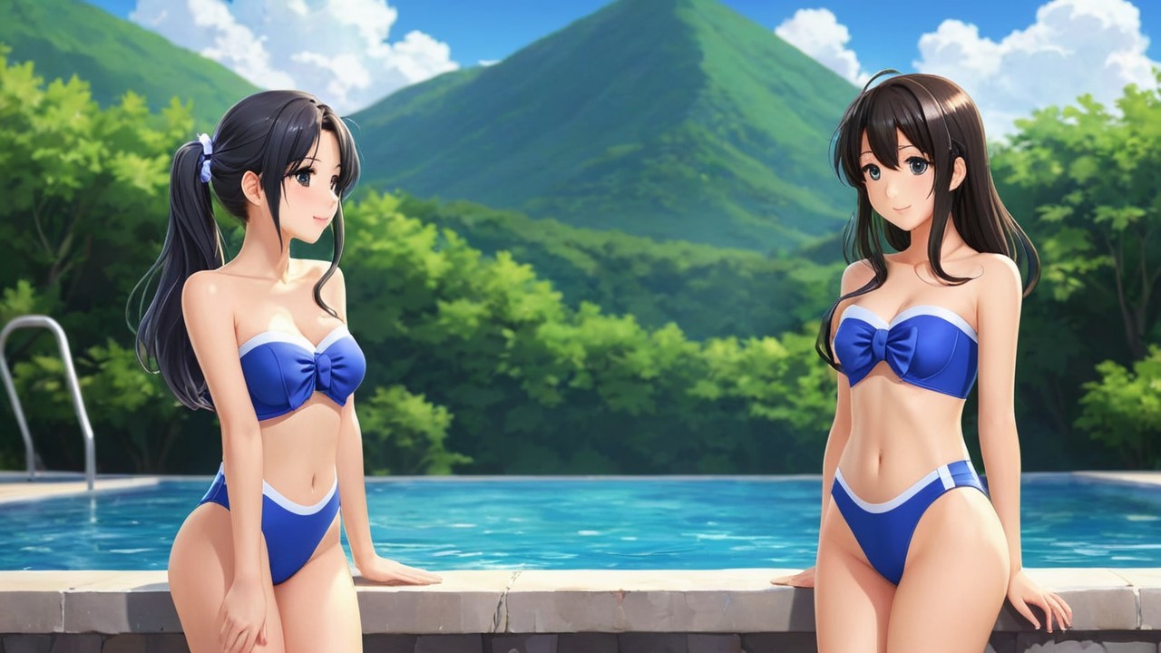 Animated Characters by Pool in Summer Setting