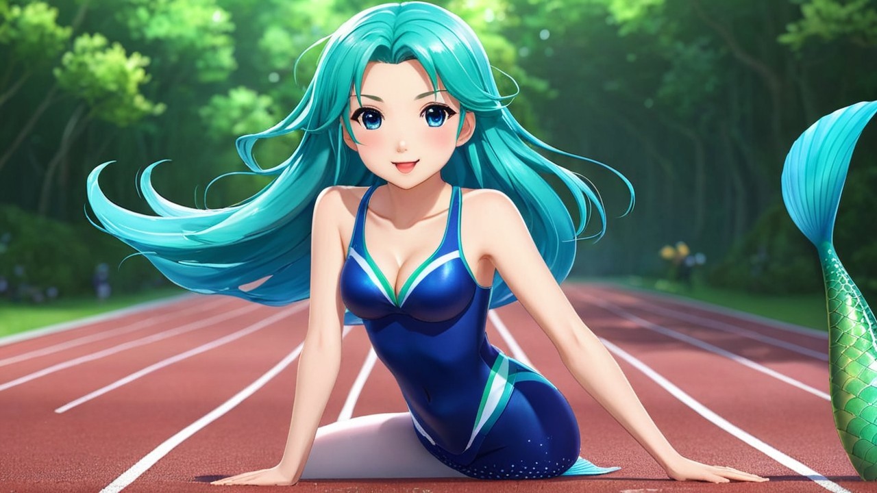 Animated character with turquoise hair on a track