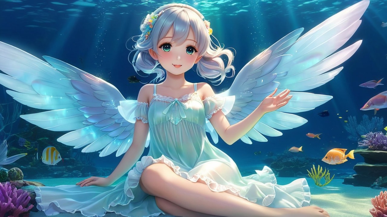 Underwater Scene with Girl and Colorful Coral