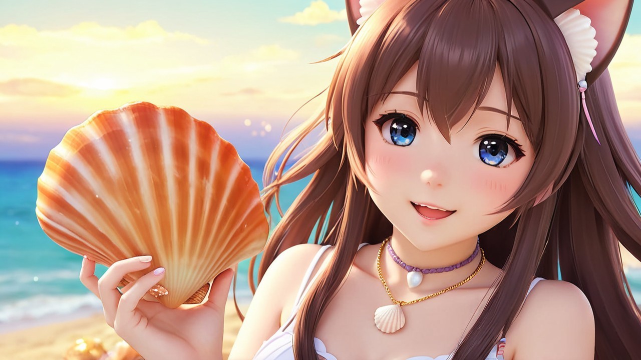 Cheerful character with seashell at sunset beach