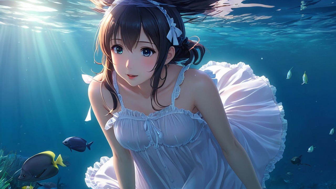 Young woman in white dress submerged in tranquil water