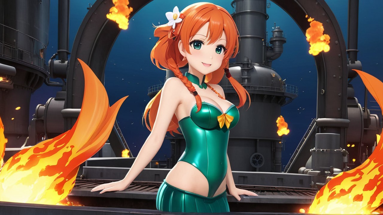 Character in Green Swimsuit Against Industrial Backdrop