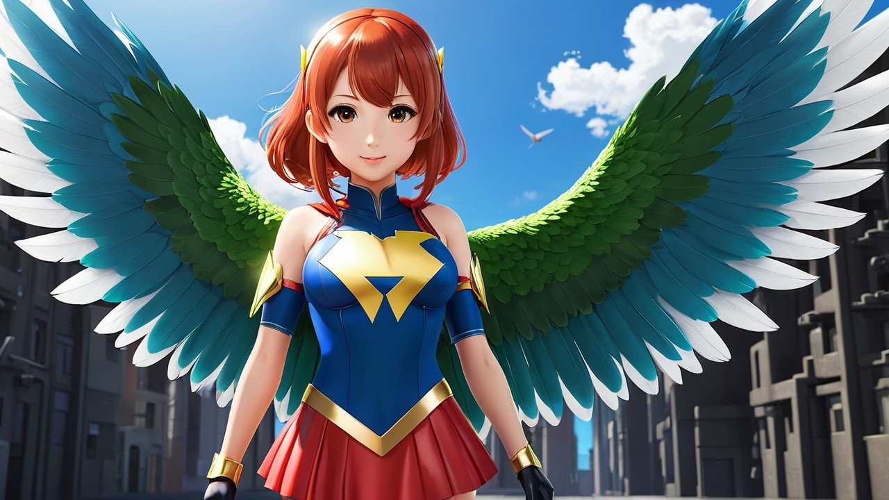 Character with Colorful Wings in Urban Cityscape
