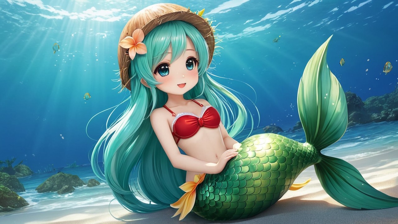 Cheerful mermaid on ocean floor with colorful fish