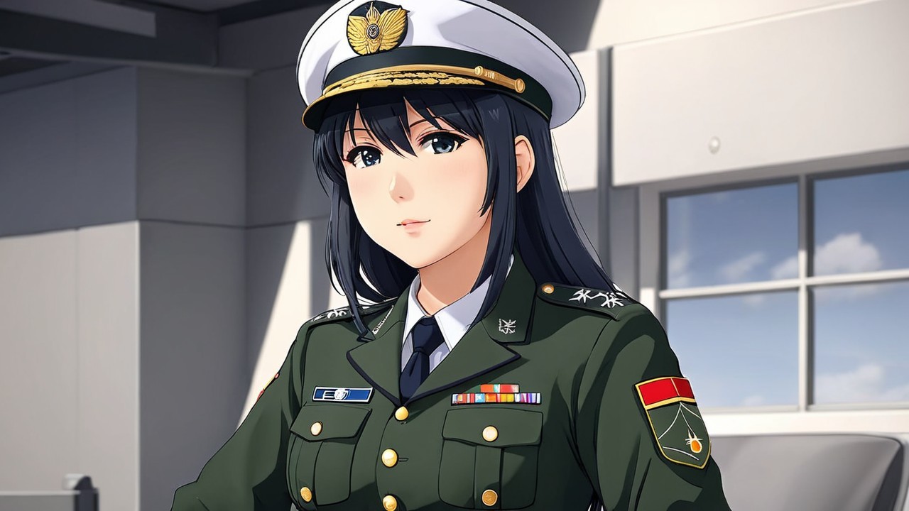 Young woman in military uniform with medals seated indoors