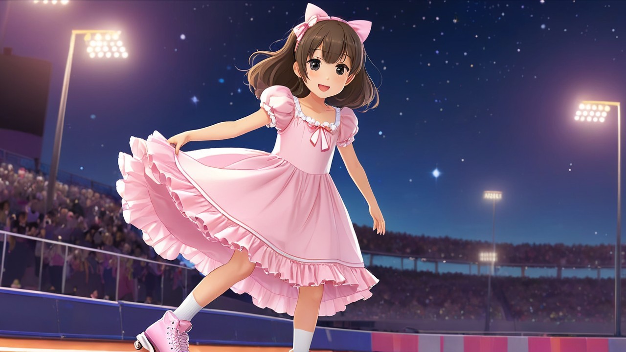 Young girl skating in pink dress on illuminated rink