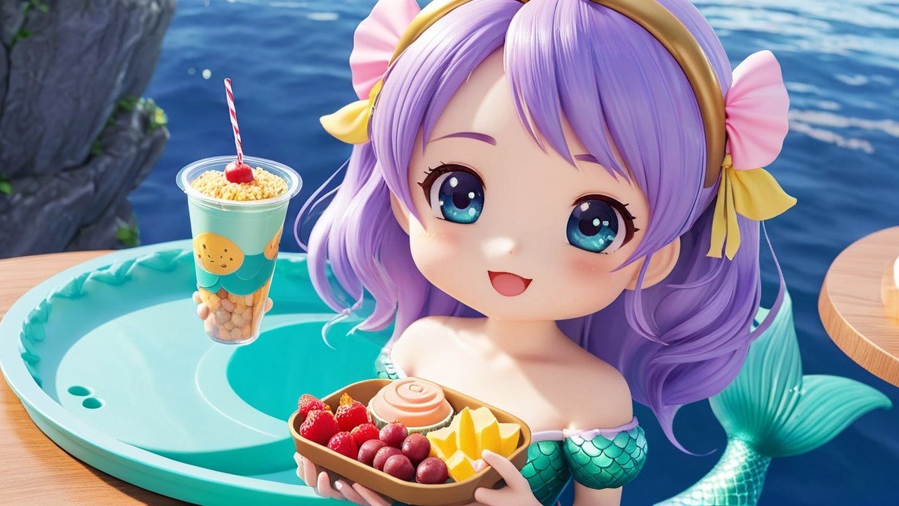 Cheerful Cartoon Mermaid with Fruit Tray by Water