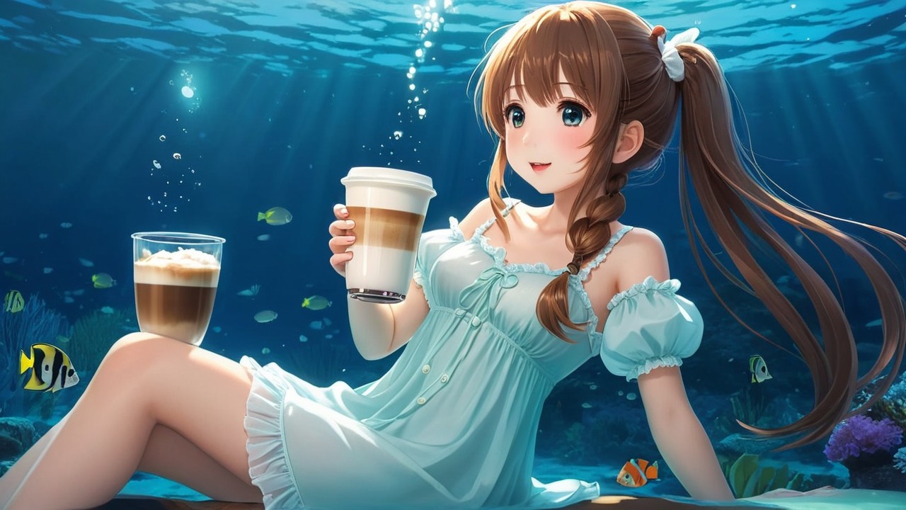 Cheerful girl underwater in blue dress with drinks