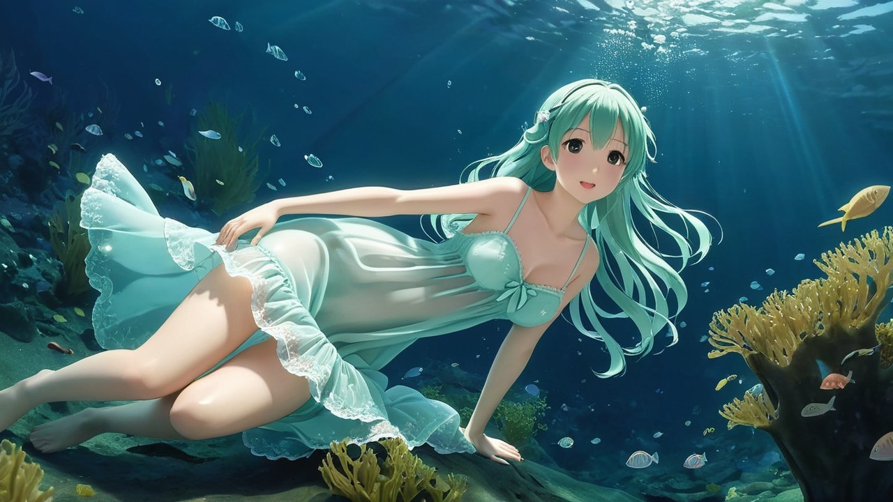 Underwater Scene with Girl and Vibrant Coral Reef