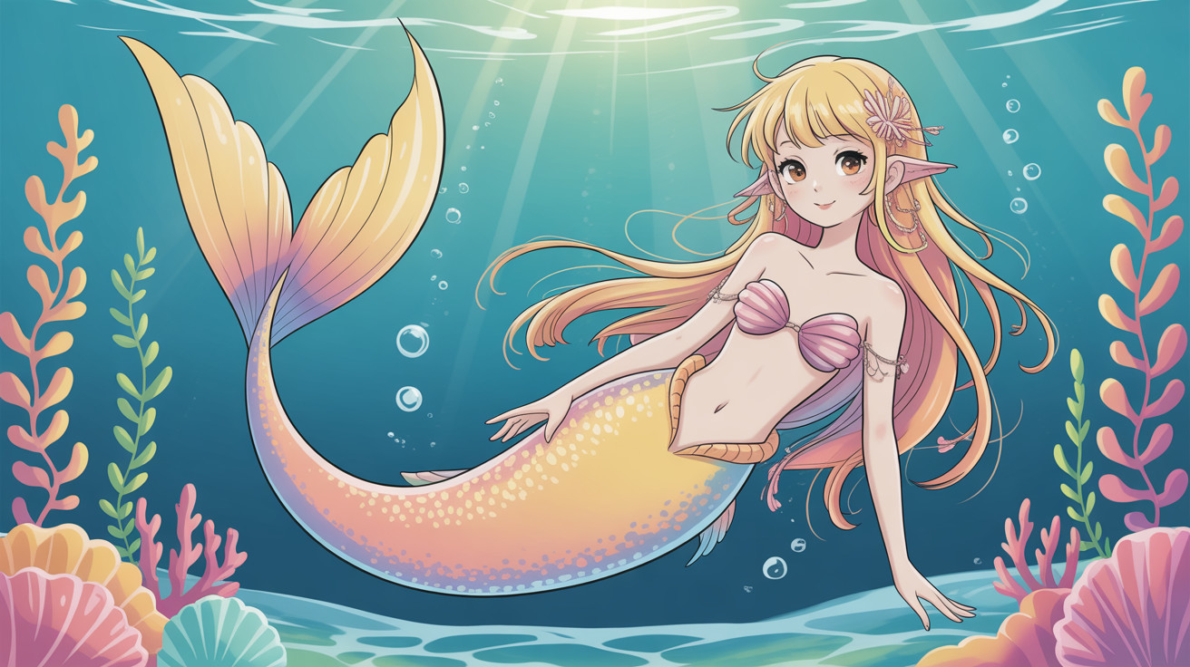 Anime-style Mermaid Illustration in Clear Blue Ocean