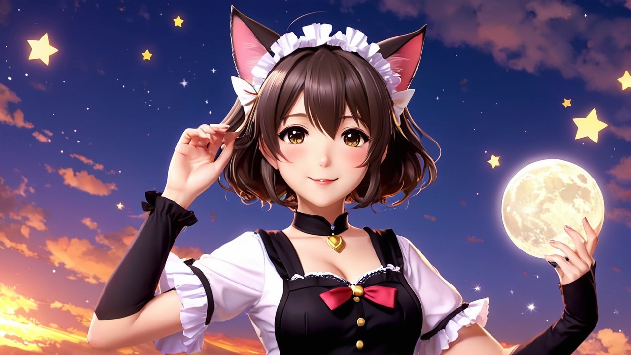 Cheerful Female Character in Maid Outfit at Twilight