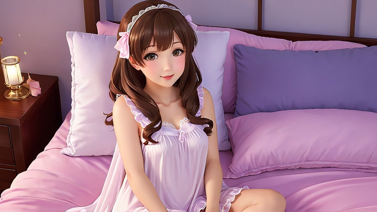 Young woman in light purple nightgown on bed