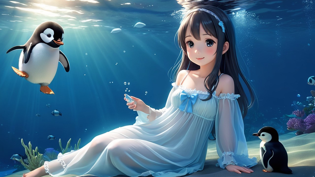 Underwater Scene with Girl, Coral, and Penguins