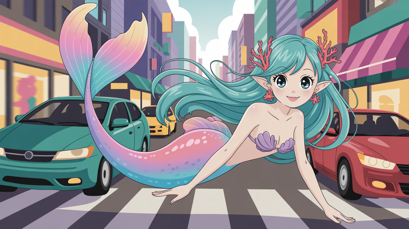 Manga Style Mermaid in City with Colorful Tail