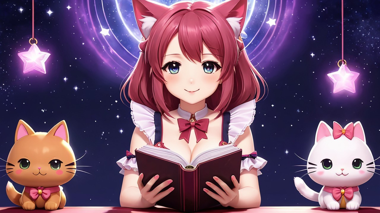 Cheerful anime girl with cats in a starry scene