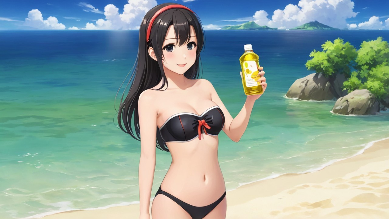 Cheerful Character on Sunny Beach with Oil Bottle