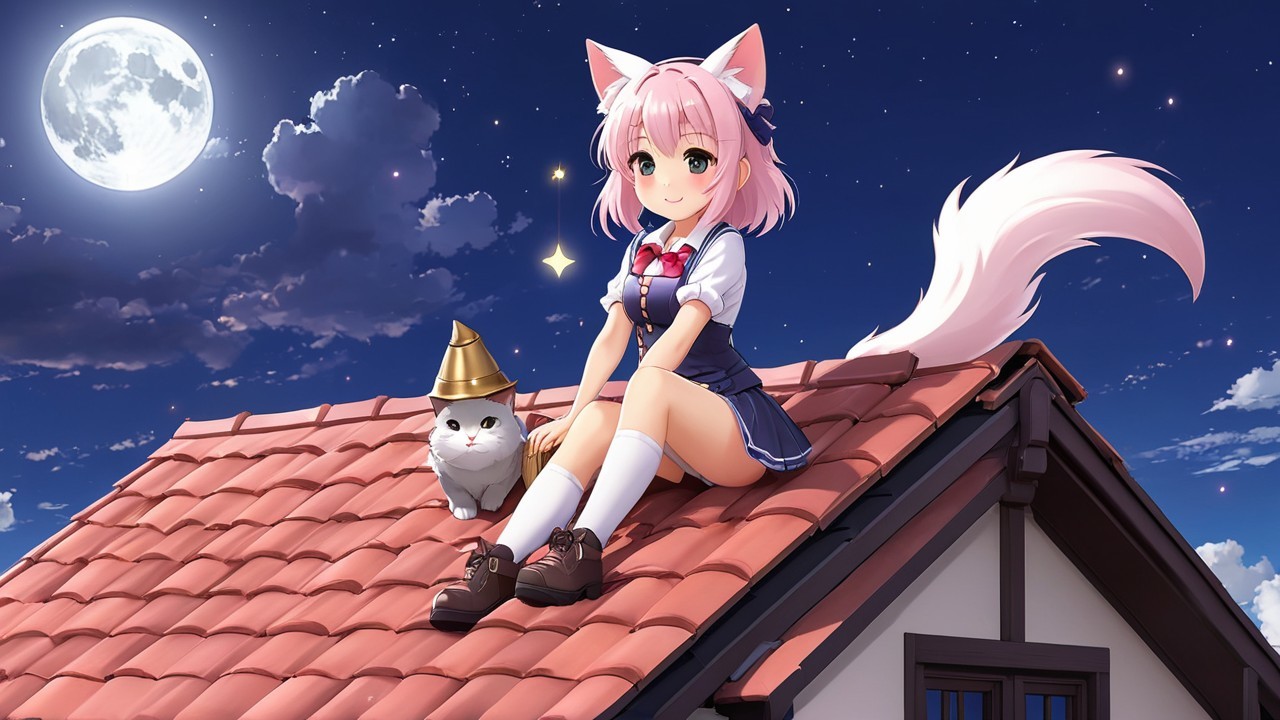 Cheerful anime girl with cat ears on a rooftop at night