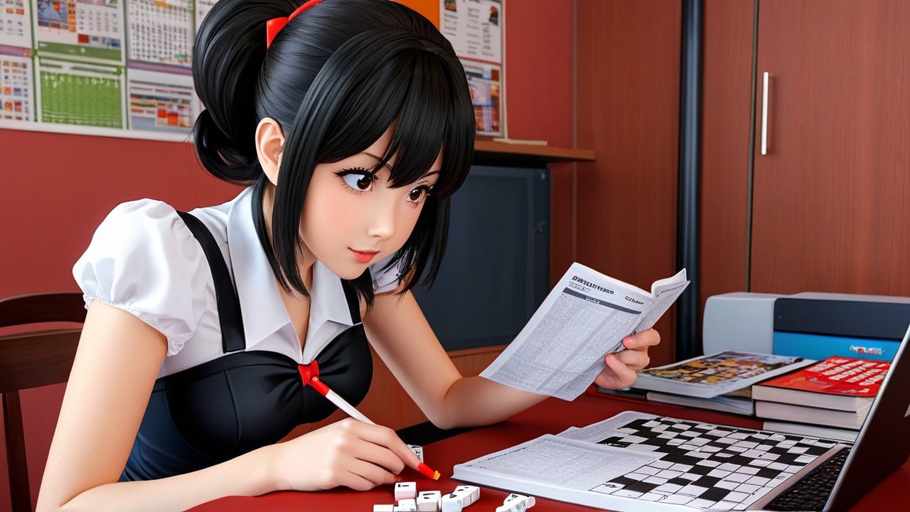 Young Woman Solving Crossword Puzzle at Desk