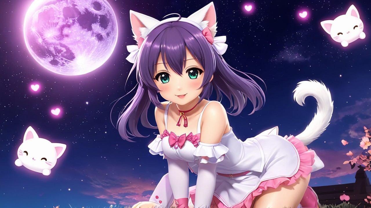 Whimsical Anime Character with Cat Ears and Moonlit Scene