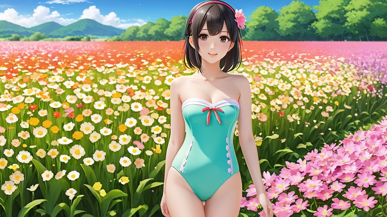 Young woman in turquoise swimsuit in flower field