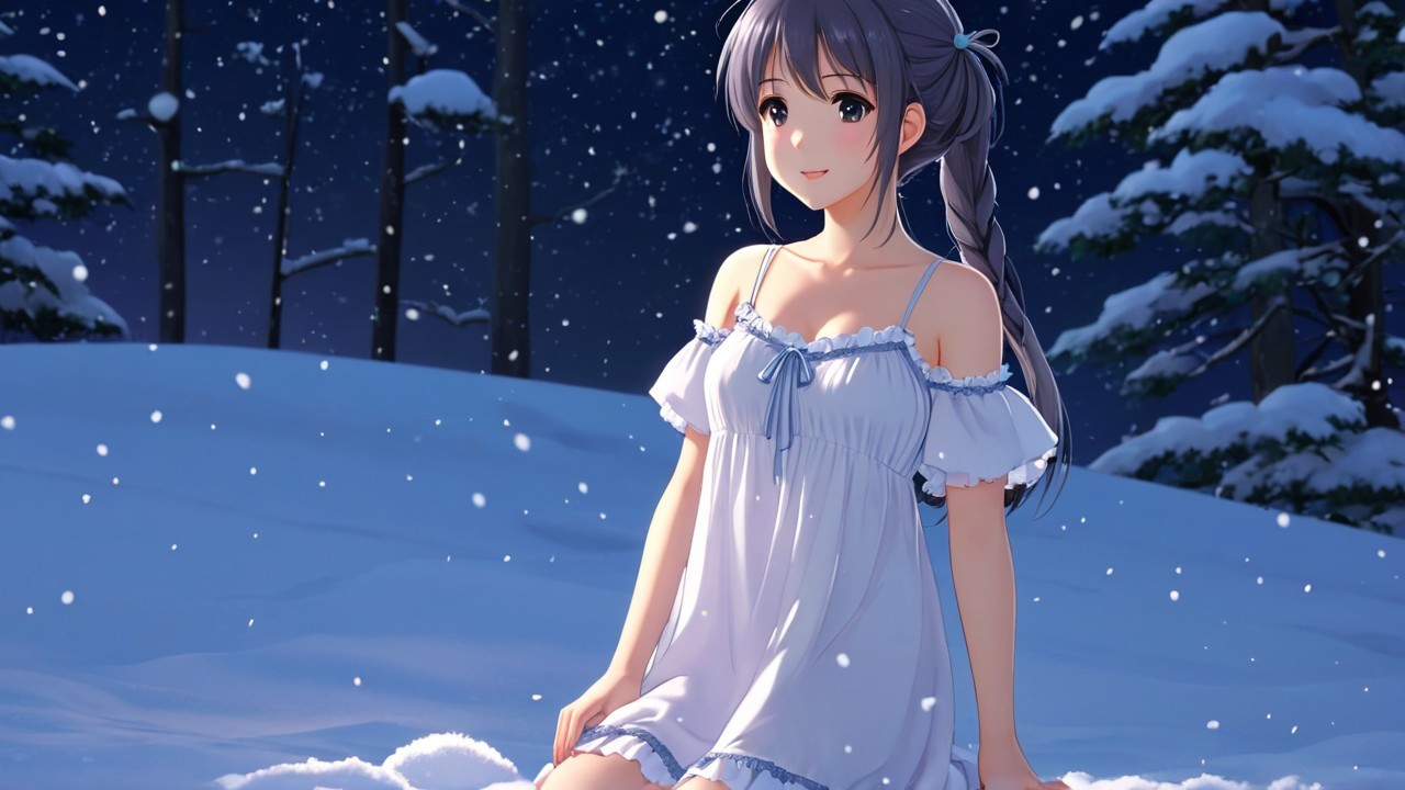 Young Woman in Flowing Dress in Snowy Landscape