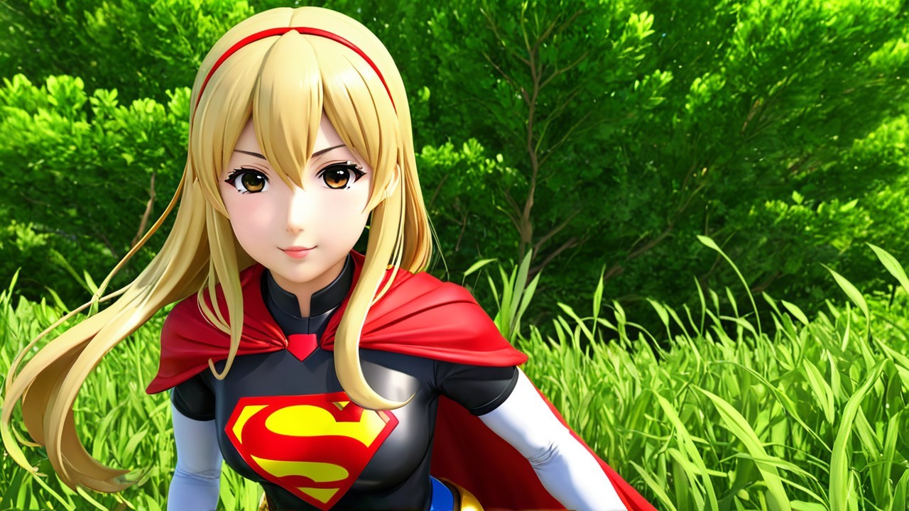 Stylized superhero character in a green field