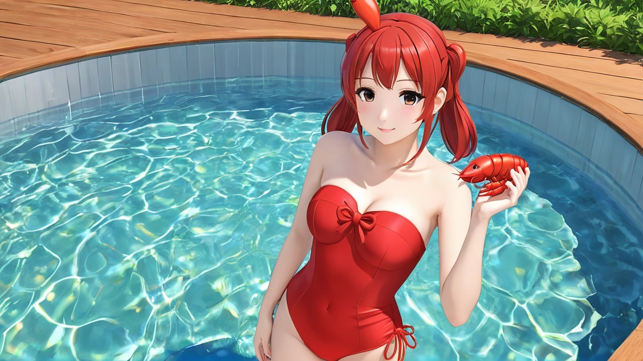 Young woman in red swimsuit by blue swimming pool