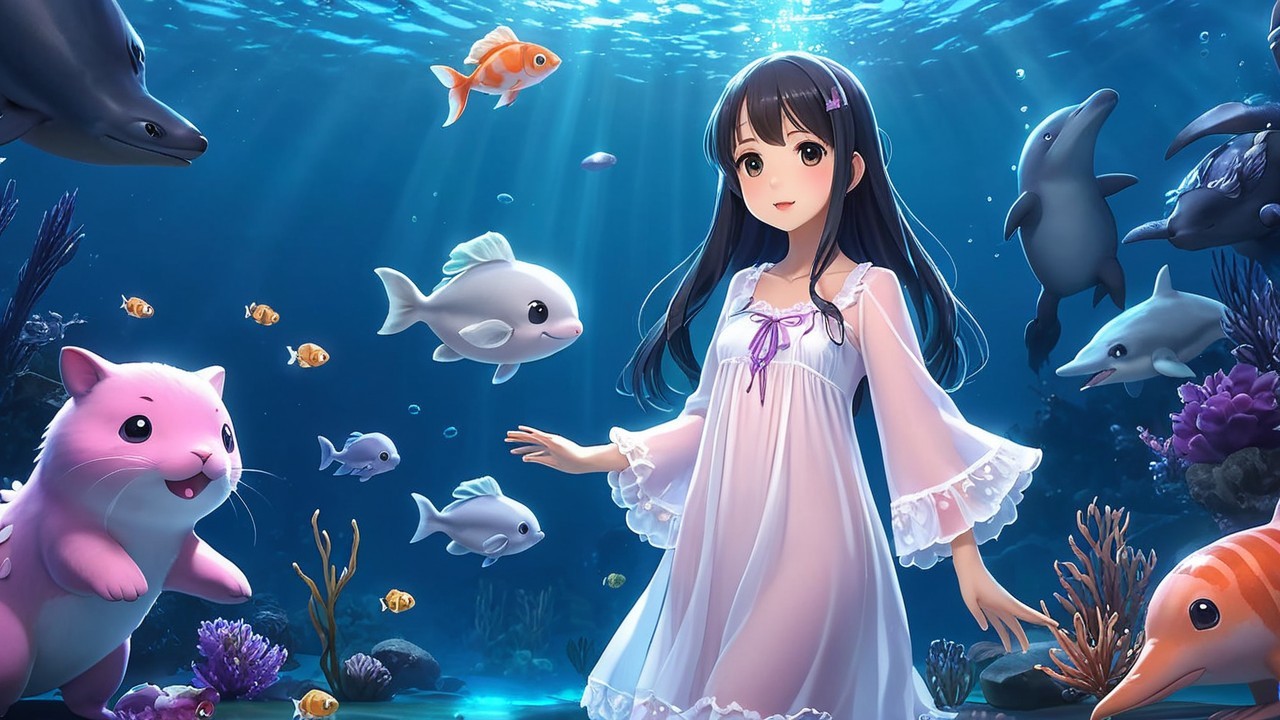 Underwater Scene with Girl and Marine Life