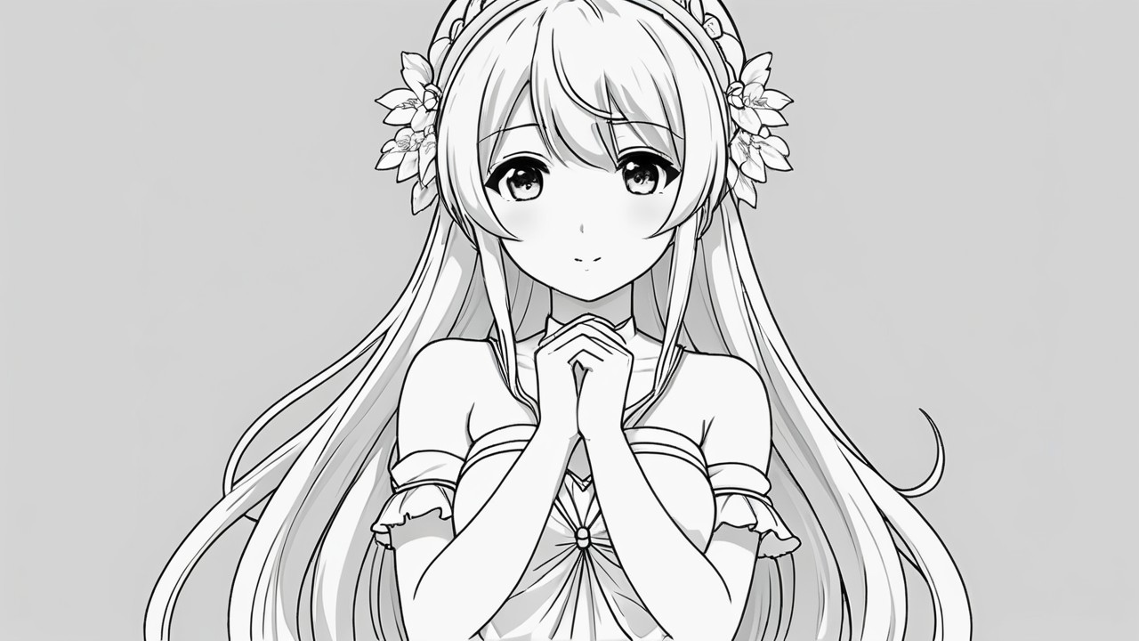 Anime Character with Flower Adorned Hair and Dress
