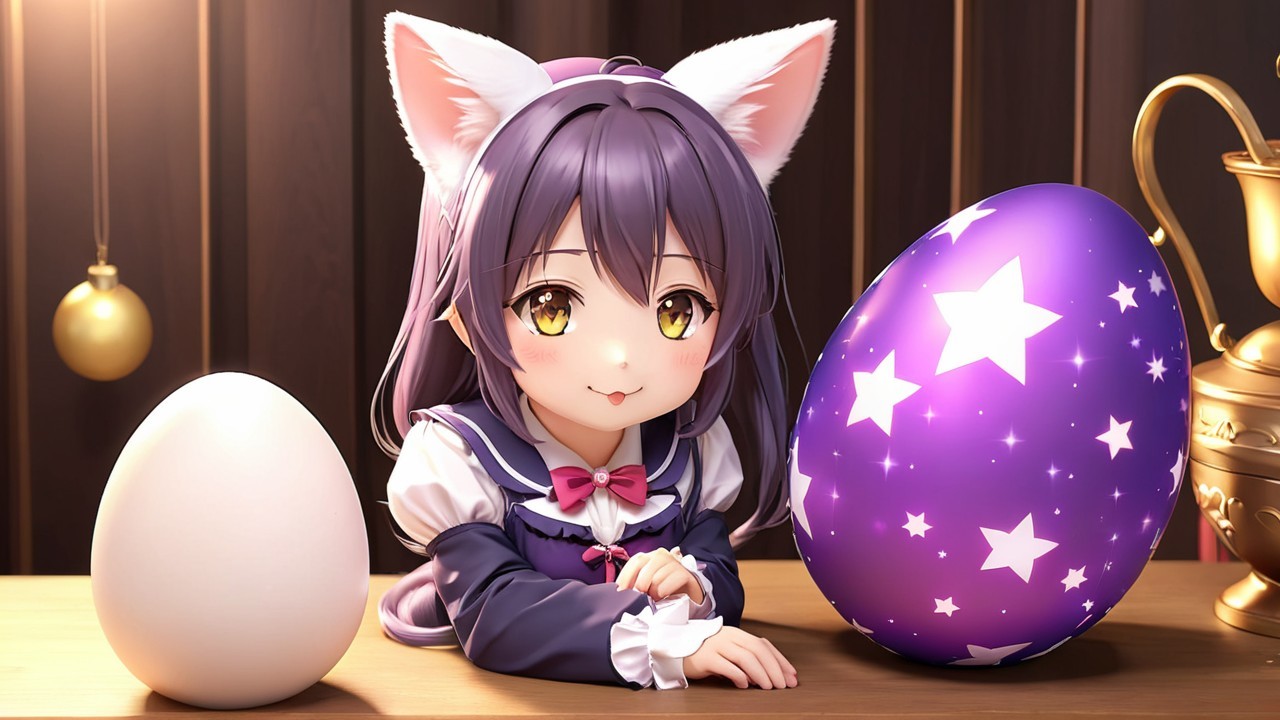 Cute anime girl with cat ears and purple hair at table