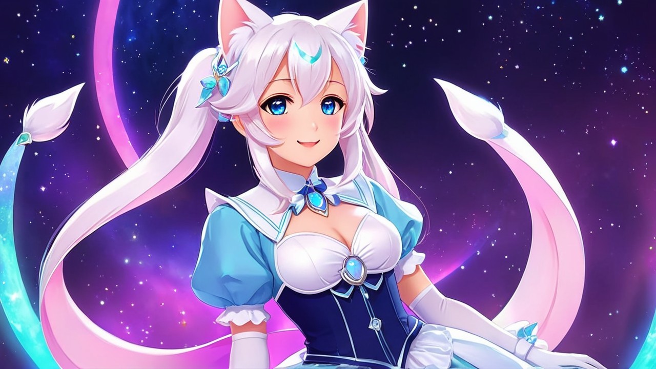 Cute anime character with cat ears in starry setting