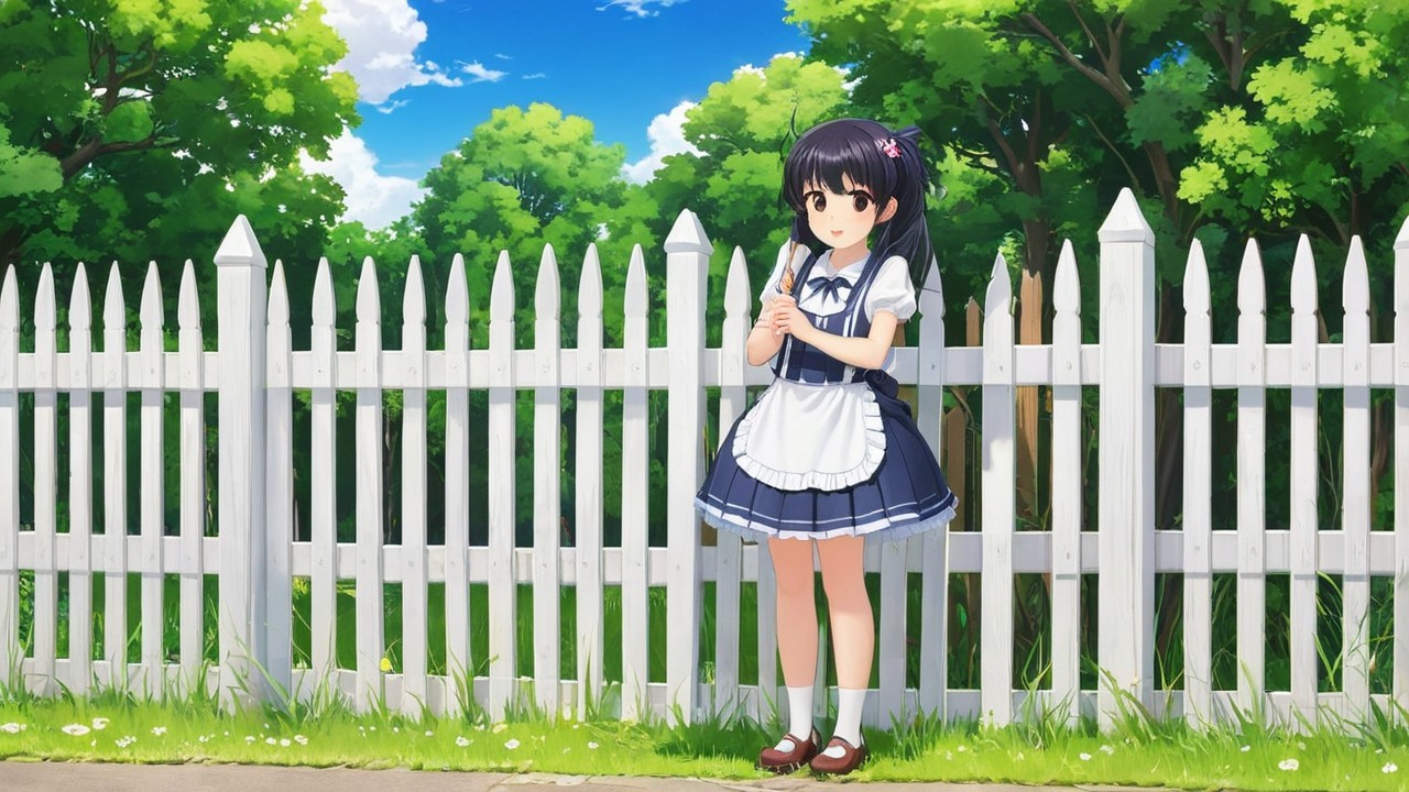 Cheerful girl by white picket fence in vibrant setting
