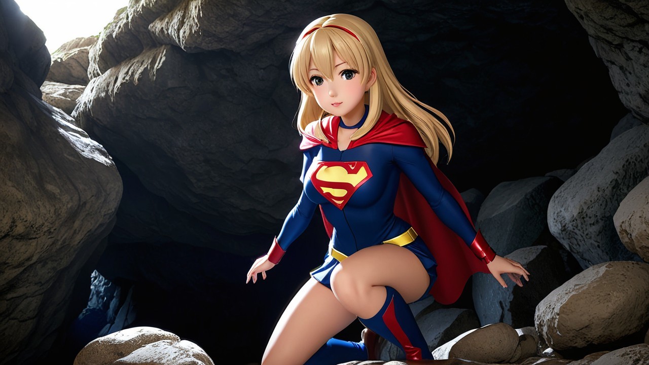 Young female superhero in blue and red costume in cave