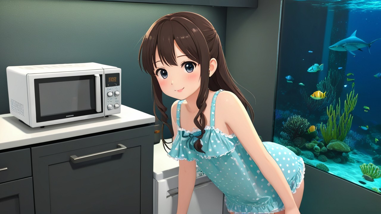 Young girl in polka-dotted swimsuit in modern kitchen