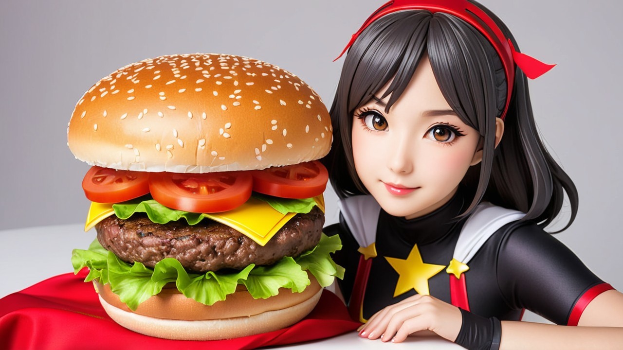 Character with Black Hair Beside Giant Hamburger