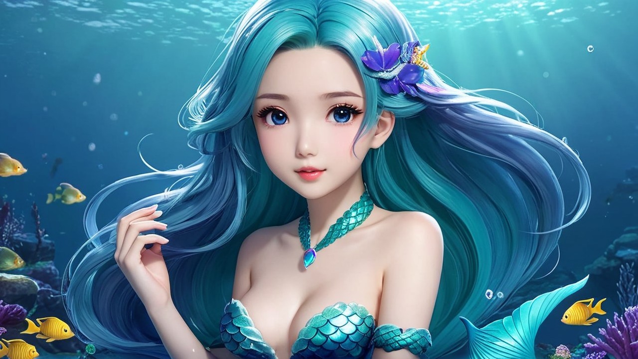 Vibrant Underwater Scene with Mermaid and Marine Life
