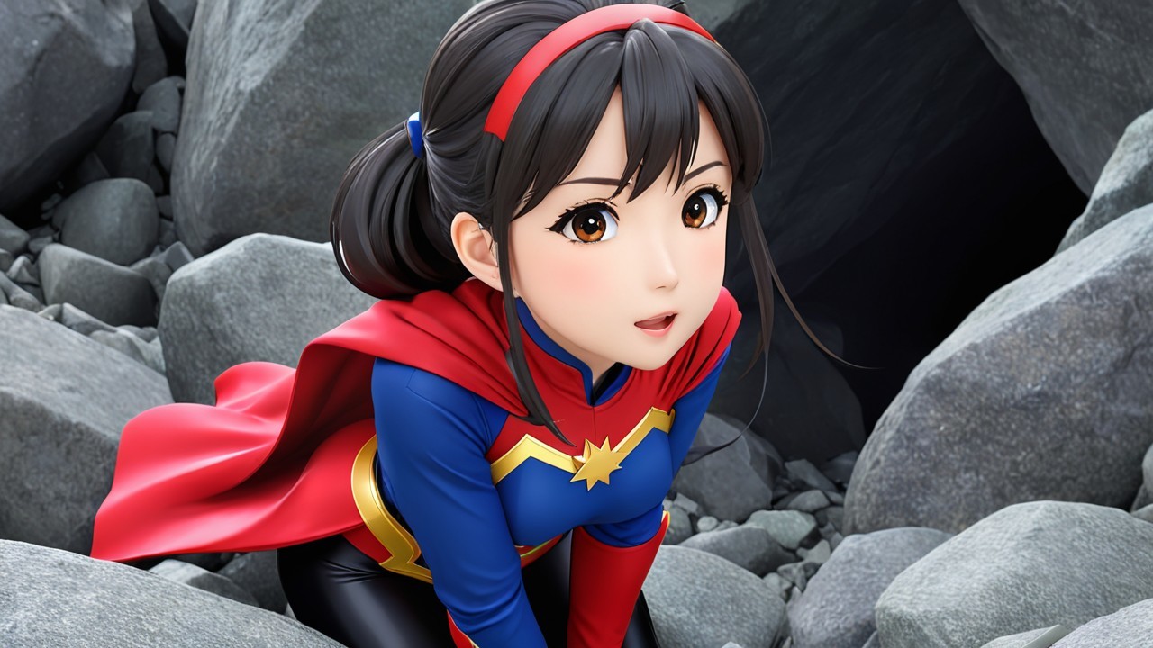 Young Female Superhero in Vibrant Costume Among Rocks