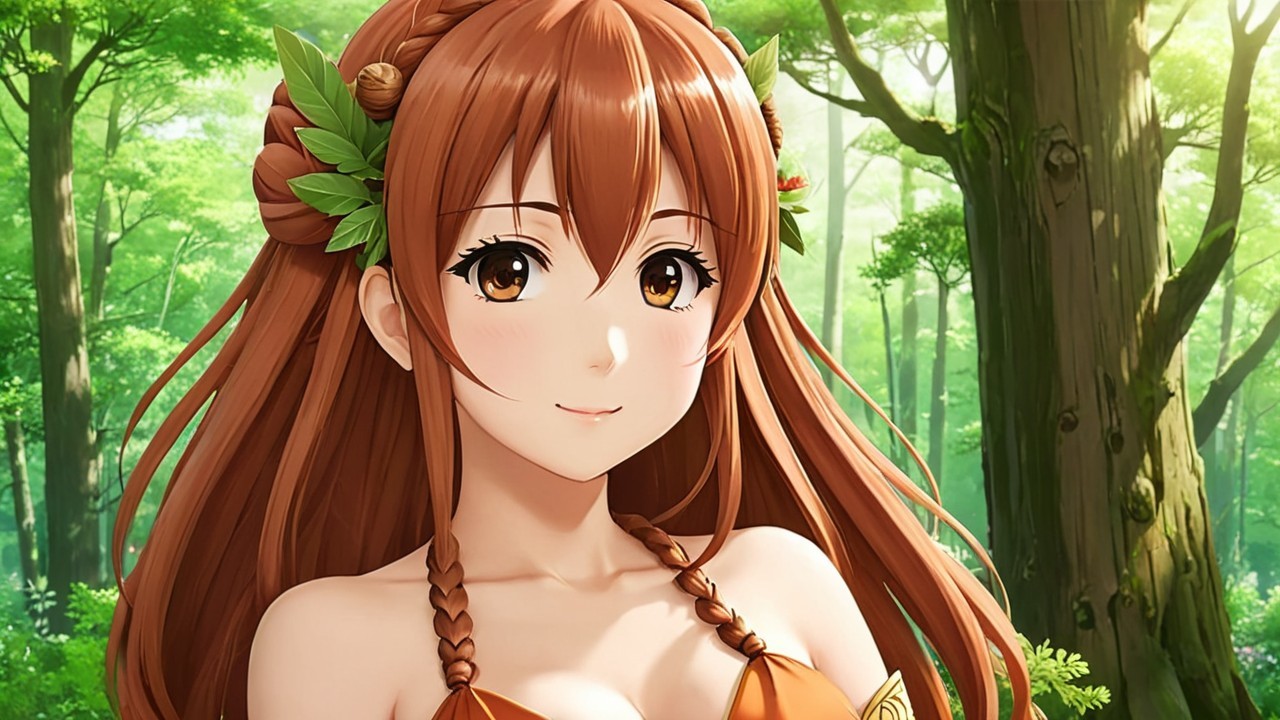 Young woman in orange outfit in a lush forest