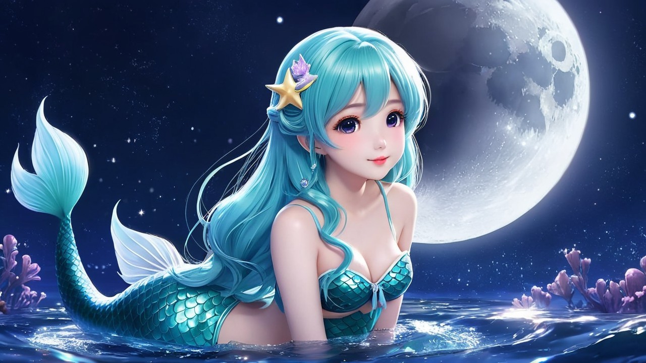 Mermaid with Turquoise Hair in Moonlit Ocean Scene