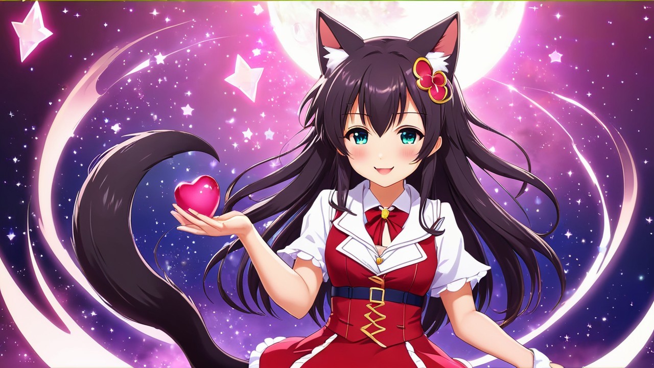 Anime girl with cat ears in a mystical night sky