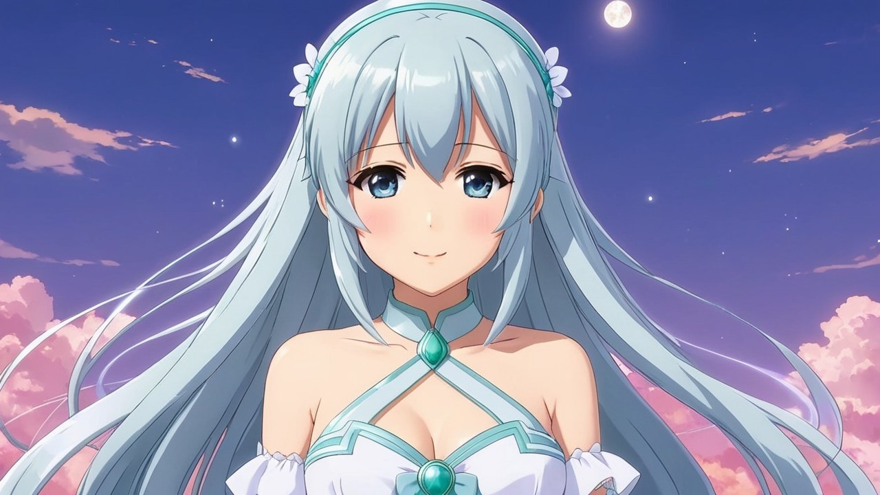 Serene Anime Character with Light Blue Hair and Moonlit Sky
