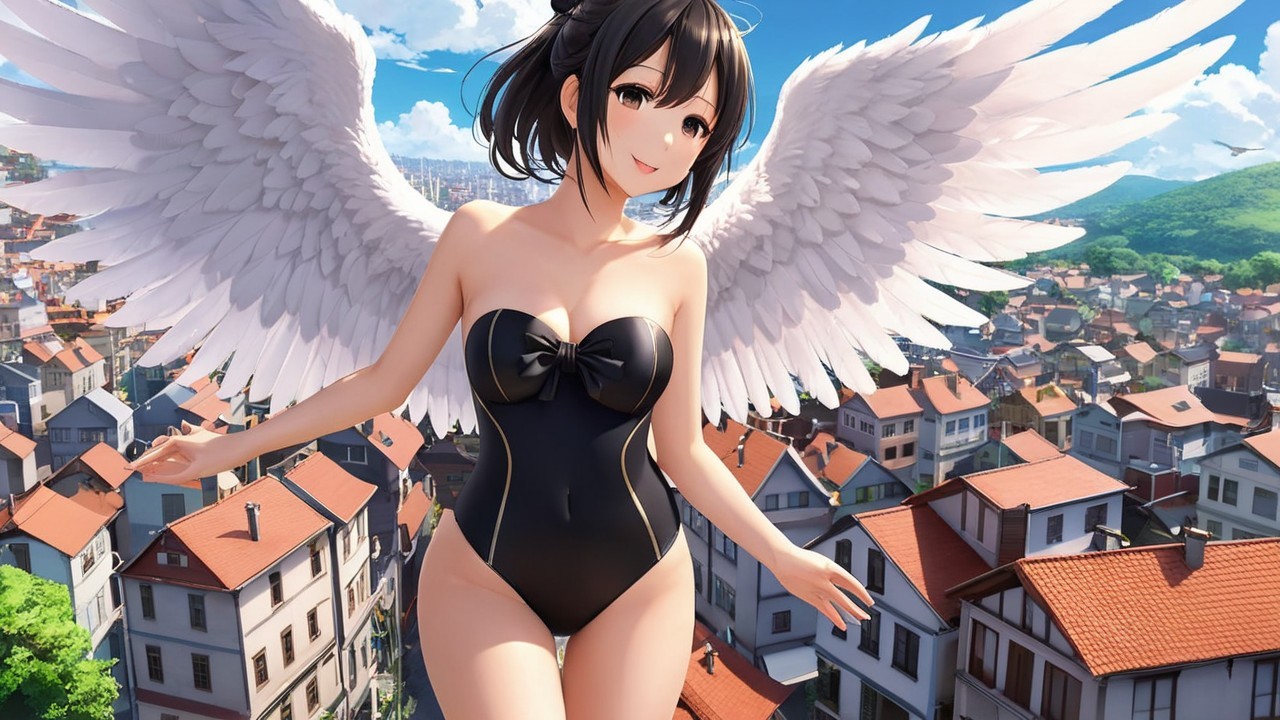Character with White Wings Over a Picturesque Town