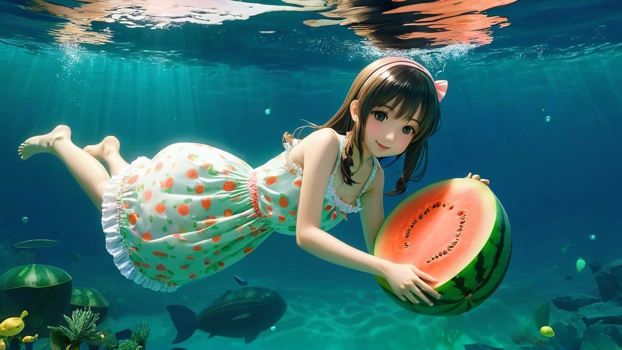 Young girl swimming underwater with a watermelon