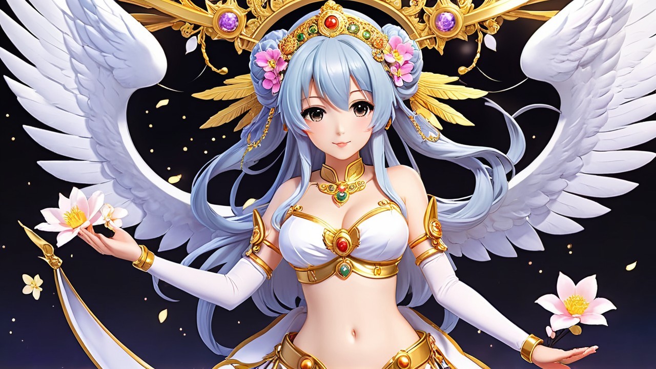 Angelic Figure with Gold Jewelry and White Wings